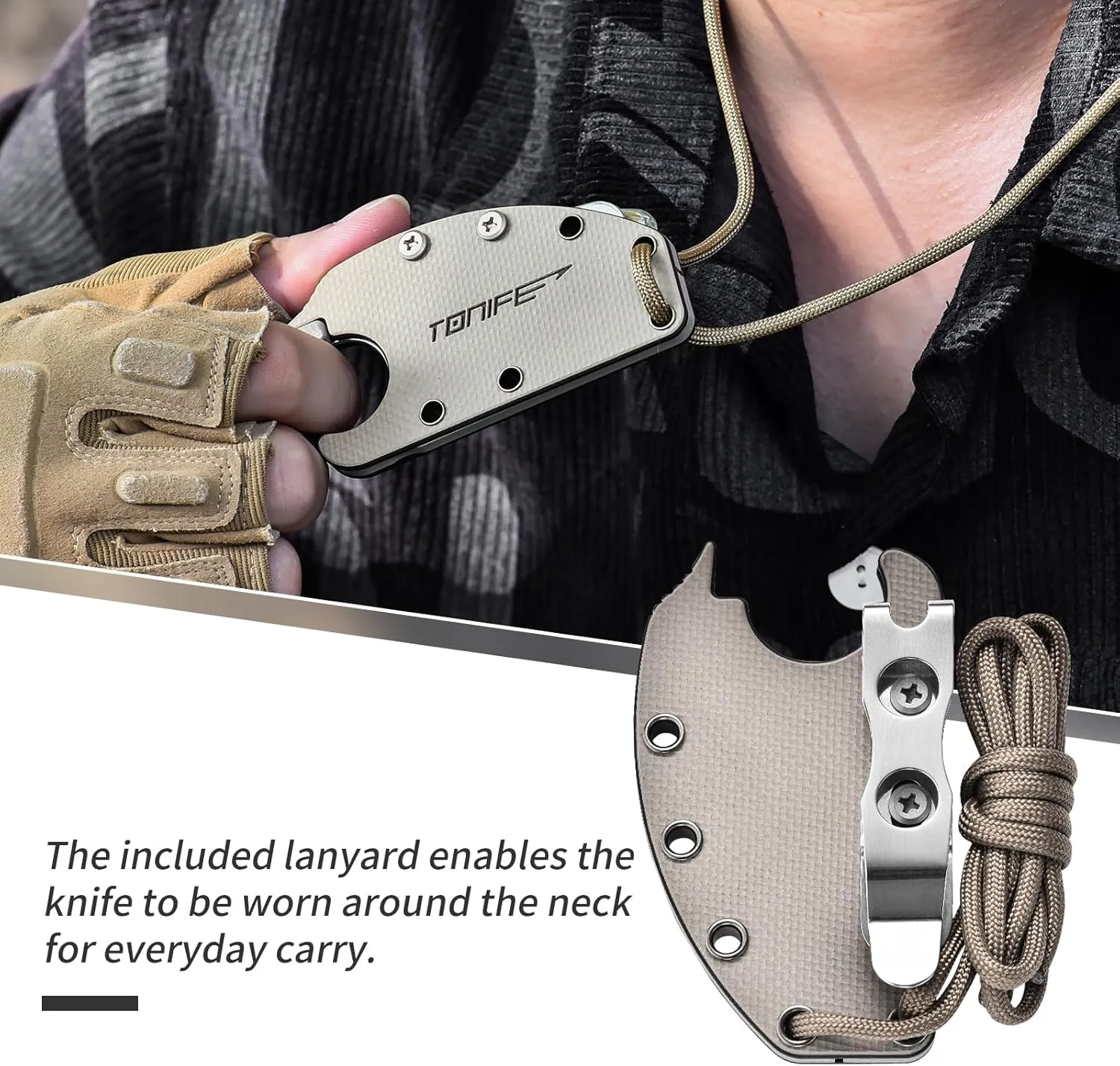 TONIFE Small Fixed Blade Knife Full Tang EDC Camping with Sheath Lanyard and Clip, Blade Length 2.17",2.5 oz.with Sheath (Warm Sand - Satin)