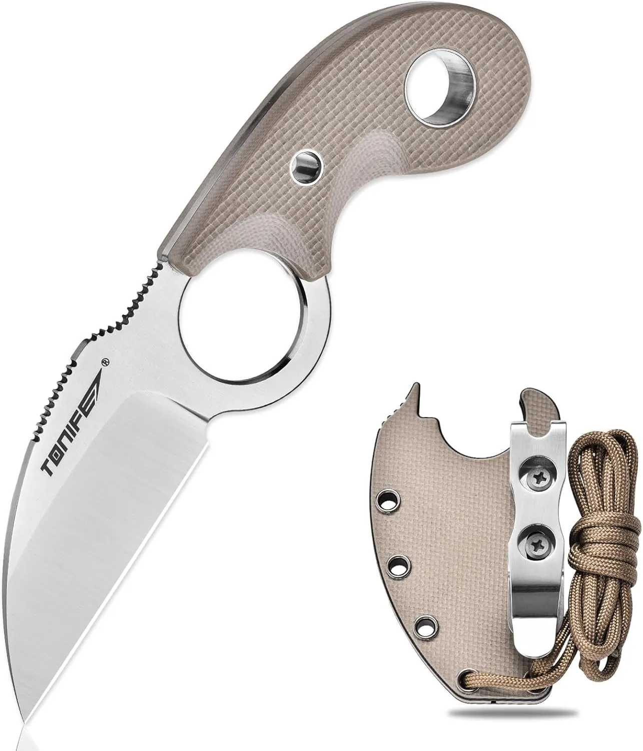 TONIFE Small Fixed Blade Knife Full Tang EDC Camping with Sheath Lanyard and Clip, Blade Length 2.17",2.5 oz.with Sheath (Warm Sand - Satin)