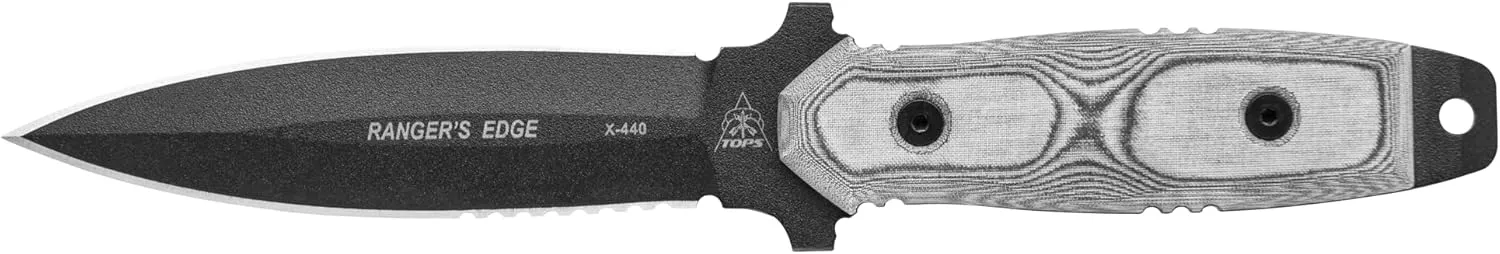 TOPS Knives Rangers Edge Full Tang Fixed Blade- Black Kydex Sheath w/Rotating Spring Steel Sheath Clip (Black Linen Micarta Handle