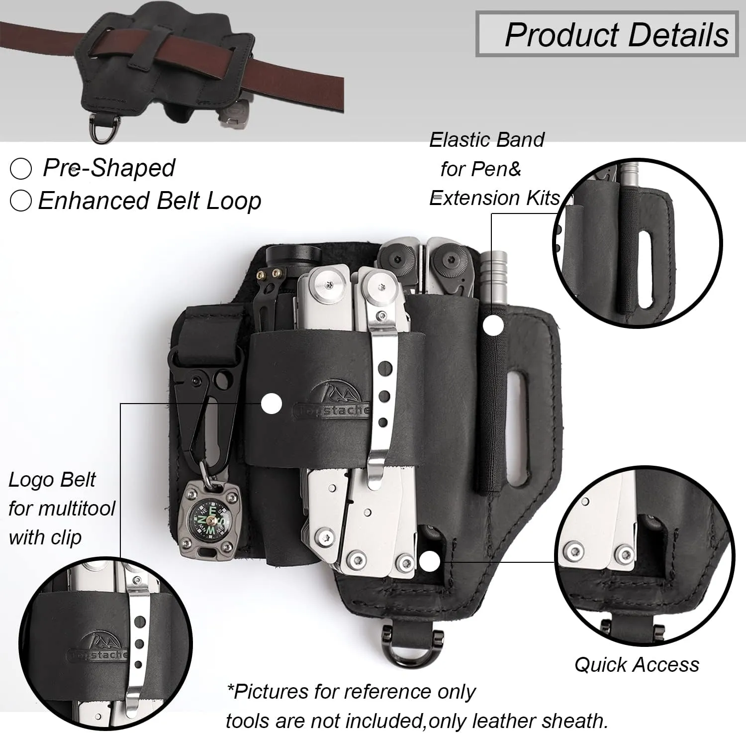 Topstache Leather Multitool Sheath,EDC Belt Organizer for Work and Daily Use,Leatherman Sheath,EDC Pocket Organizer for Flashlight and Multitool,Gifts for Men,Leather Sheath for Multitool,Black