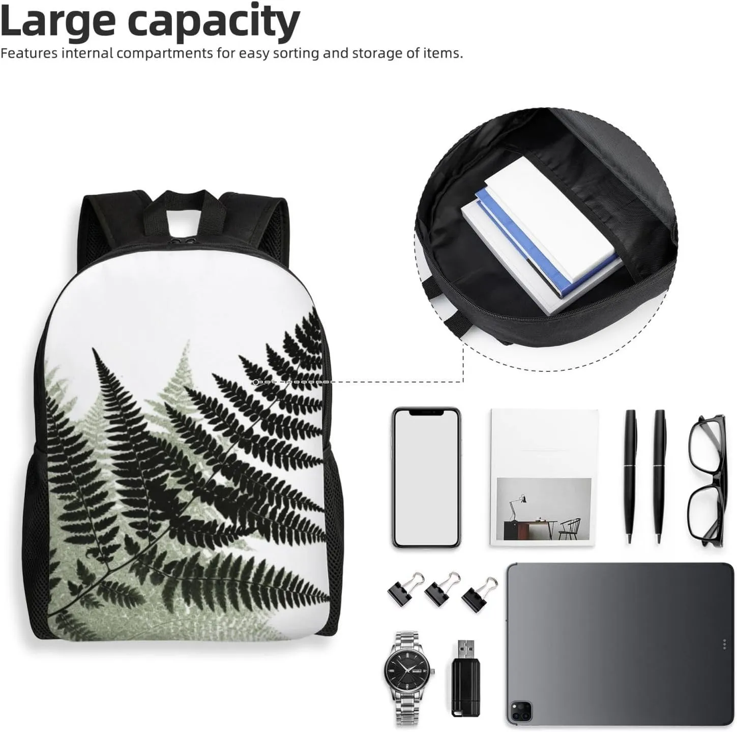 Travel Backpack for Women Men Lightweight 17 inch Laptop Bag natural plant silhouette fern leaf Backpack Casual Daypack