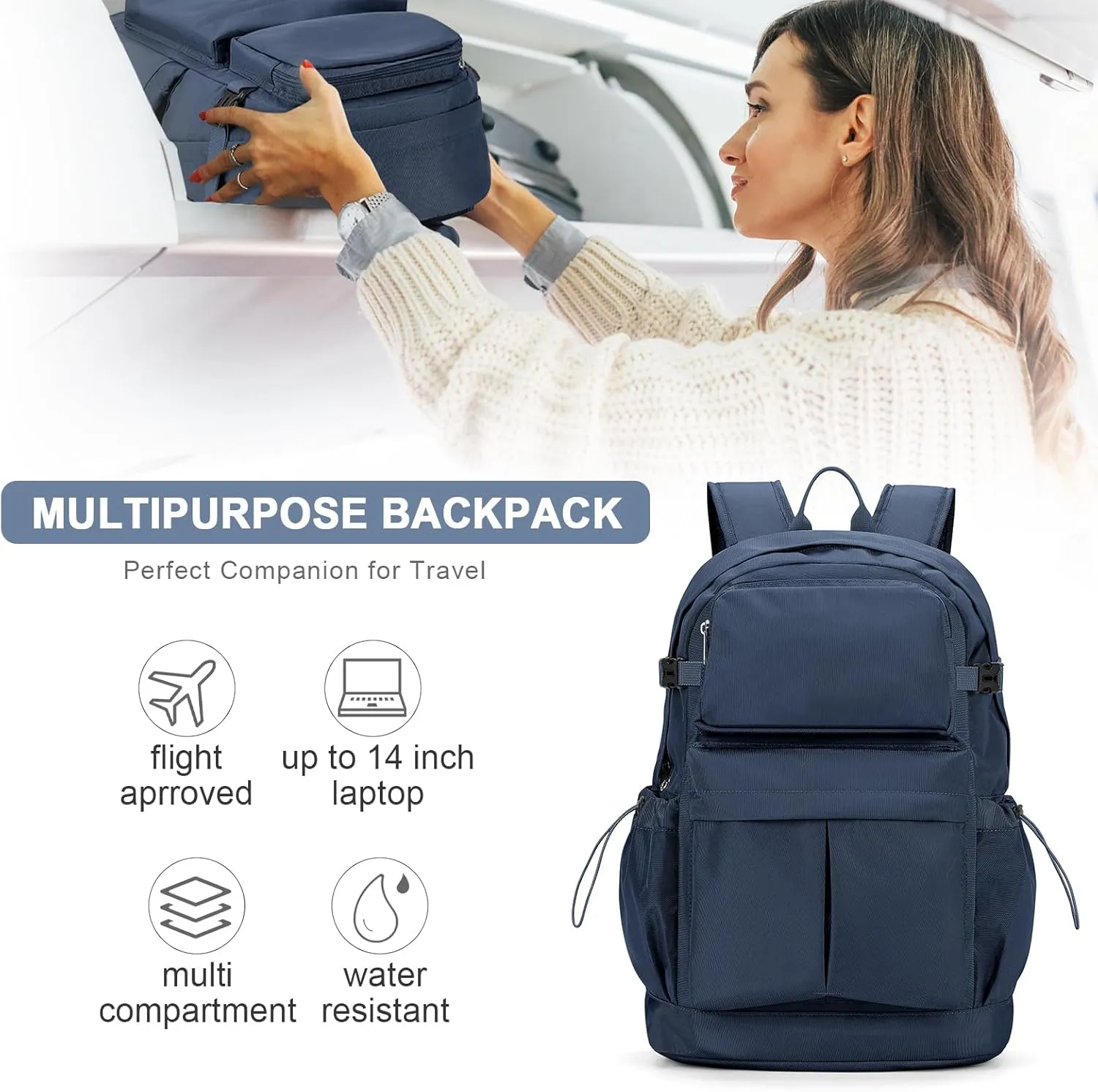 Travel Backpack For Women Men Waterproof Airline Approved Carry On Backpack Laptop backpack 15.6 Inch Lightweight Work Teacher Backpack(Dark Blue)