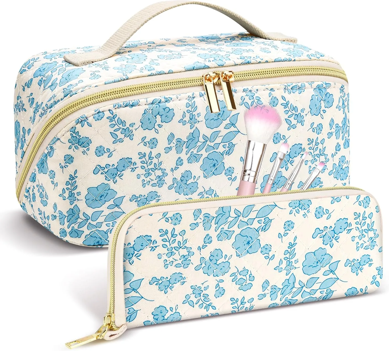 Travel Makeup Bag Set, 2Pcs Large Capacity Flower Make up Bag Quilted Cosmetic Bag for Girls, Blue Flower Cute Travel Toiletry Bag for Women Wide Open Floral Cotton Stuff Bag Skin Care Bag