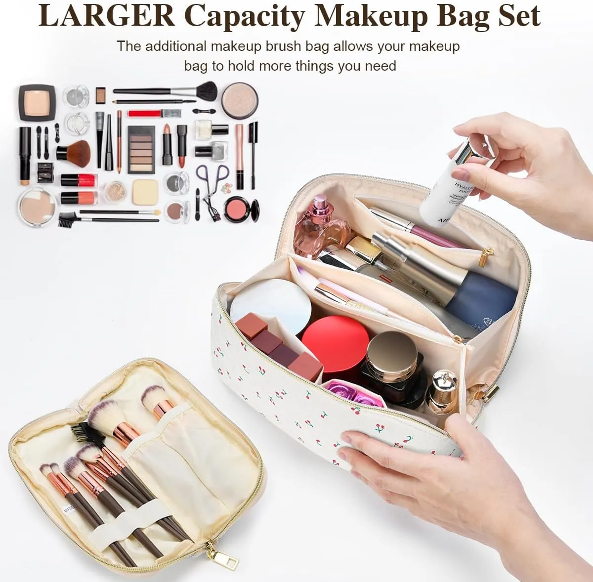 Travel Makeup Bag Set, 2Pcs Large Capacity Flower Make up Bag Quilted Cosmetic Bag for Girls, Blue Flower Cute Travel Toiletry Bag for Women Wide Open Floral Cotton Stuff Bag Skin Care Bag
