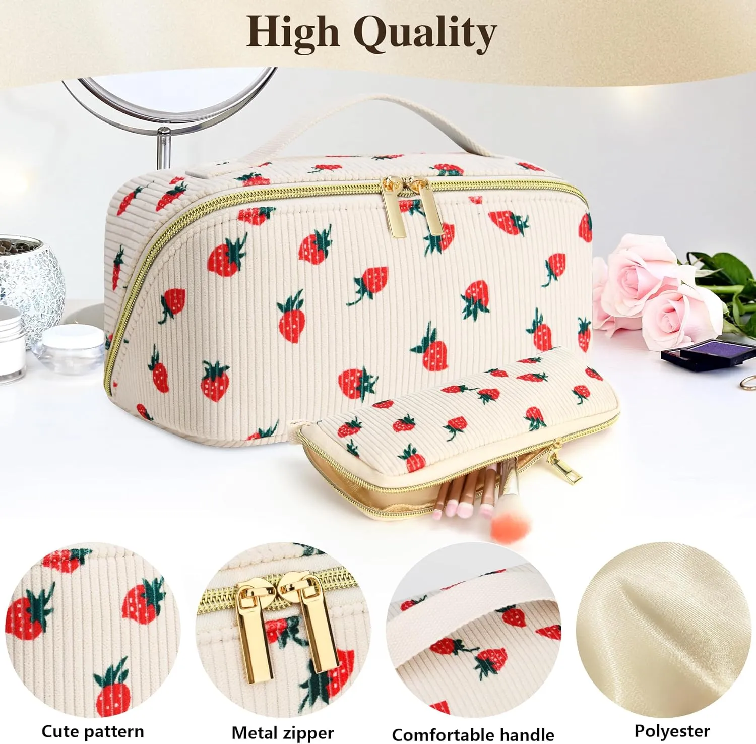 Travel Makeup Bag Set, 2Pcs Large Capacity Flower Make up Bag Quilted Cosmetic Bag for Girls, Blue Flower Cute Travel Toiletry Bag for Women Wide Open Floral Cotton Stuff Bag Skin Care Bag