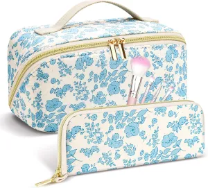 Travel Makeup Bag Set, 2Pcs Large Capacity Flower Make up Bag Quilted Cosmetic Bag for Girls, Blue Flower Cute Travel Toiletry Bag for Women Wide Open Floral Cotton Stuff Bag Skin Care Bag