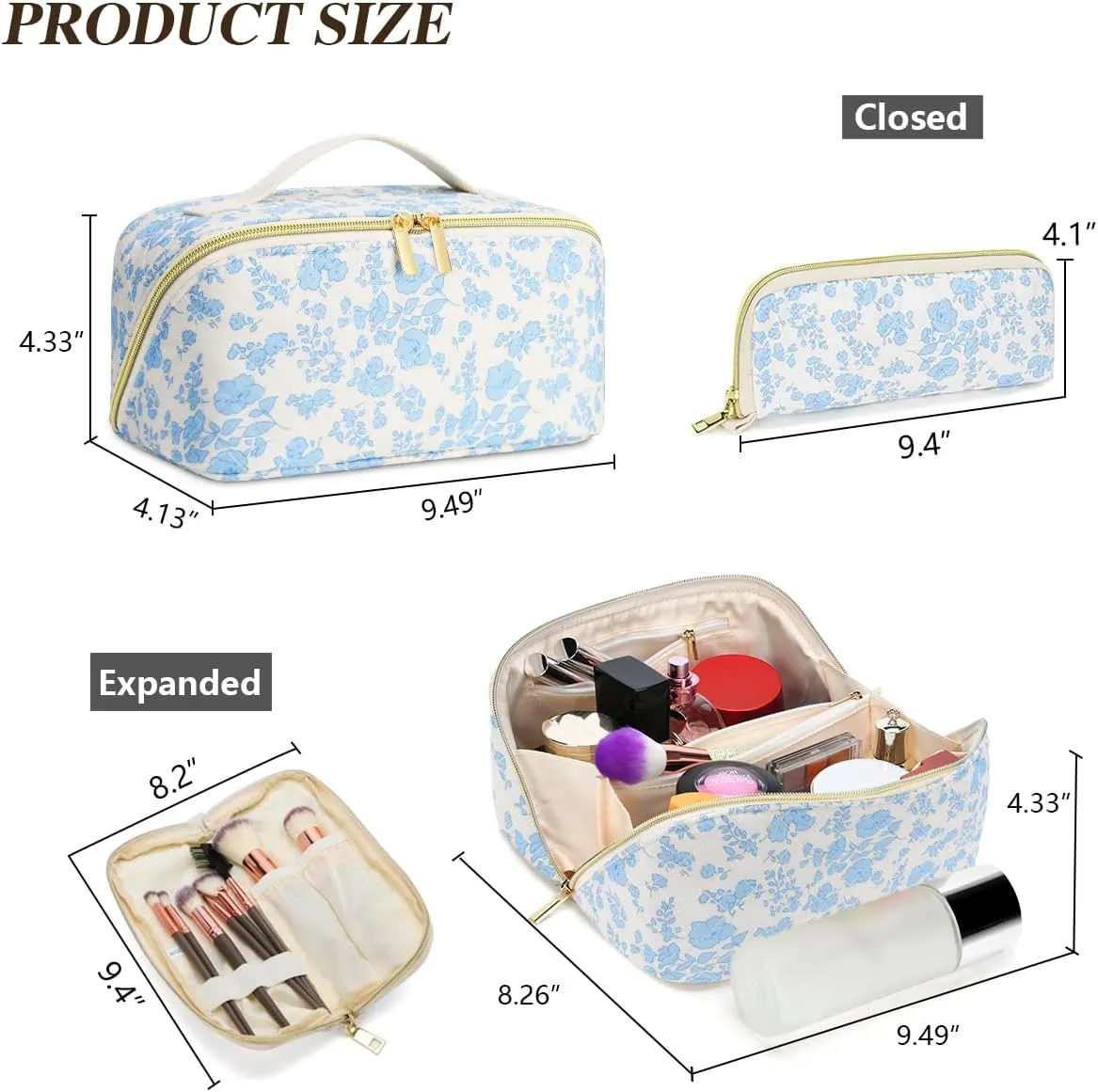 Travel Makeup Bag Set, 2Pcs Large Capacity Flower Make up Bag Quilted Cosmetic Bag for Girls, Blue Flower Cute Travel Toiletry Bag for Women Wide Open Floral Cotton Stuff Bag Skin Care Bag