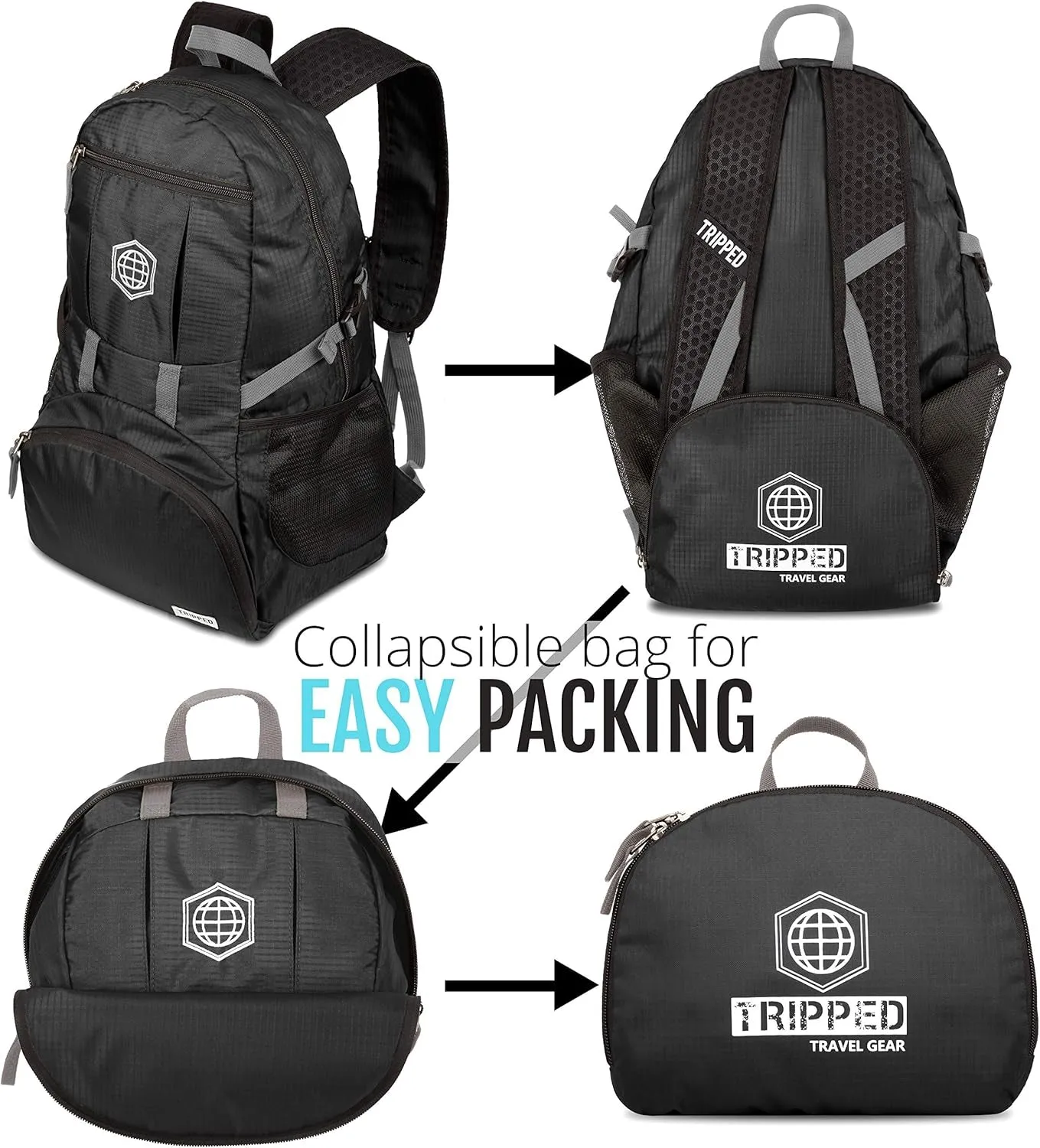 Traveling Backpack- Foldable Collapsible Lightweight Backpack for Travel (Black) 35 Liters