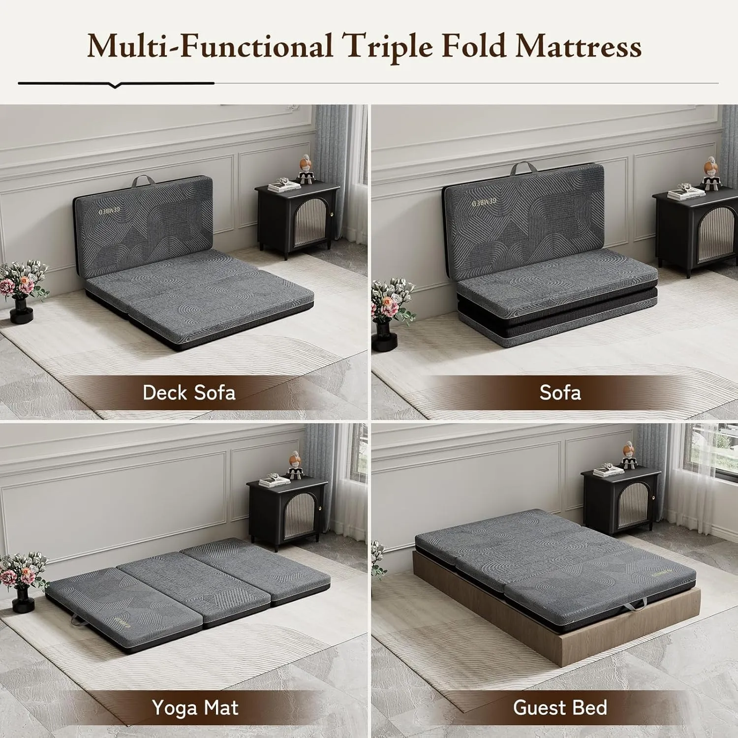 Tri Folding Mattress Twin Size - Memory Foam Tri-fold Mattress, Handle & Non-Slip Bottom, Portable Foldable Sofa Bed Floor Mattress Chair for Travel RV Camping Guest Yoga - 4 Inch, 75" 38"x4"
