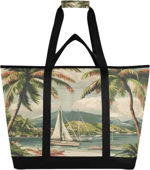 Tropical Beach Palm Trees Reusable Insulated Cooler Bag with Ice Pack Compartment - Large 82L Waterproof Thermal Grocery Tote for Picnic Beach Camping Lunch Storage