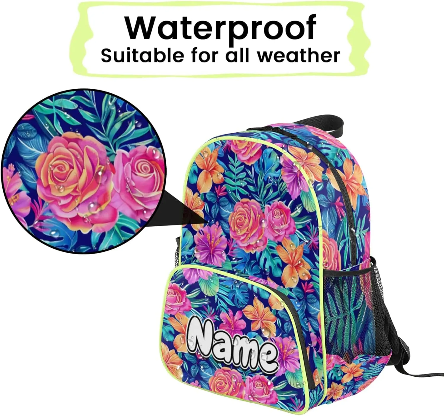 Tropical Flower Palm Tree Leaf Custom Backpack with Name Cute Personalized Small Shoulder Bag Waterproof Travel Casual Backpack with Chest Strap 14.2in
