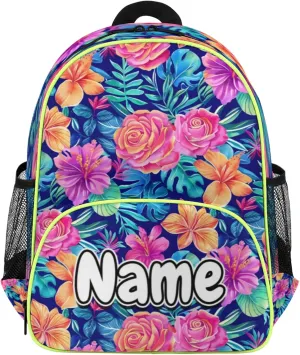 Tropical Flower Palm Tree Leaf Custom Backpack with Name Cute Personalized Small Shoulder Bag Waterproof Travel Casual Backpack with Chest Strap 14.2in