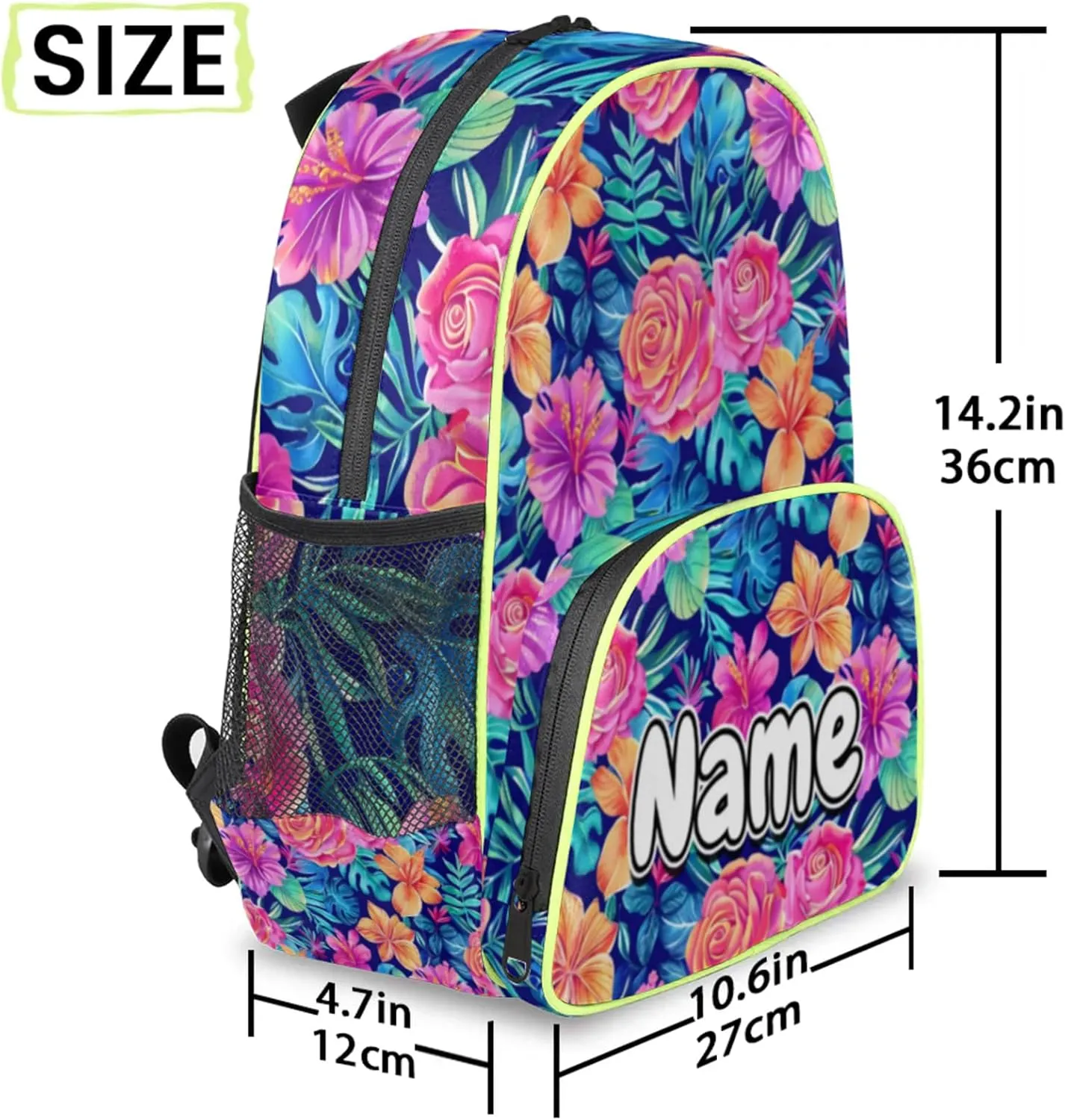 Tropical Flower Palm Tree Leaf Custom Backpack with Name Cute Personalized Small Shoulder Bag Waterproof Travel Casual Backpack with Chest Strap 14.2in