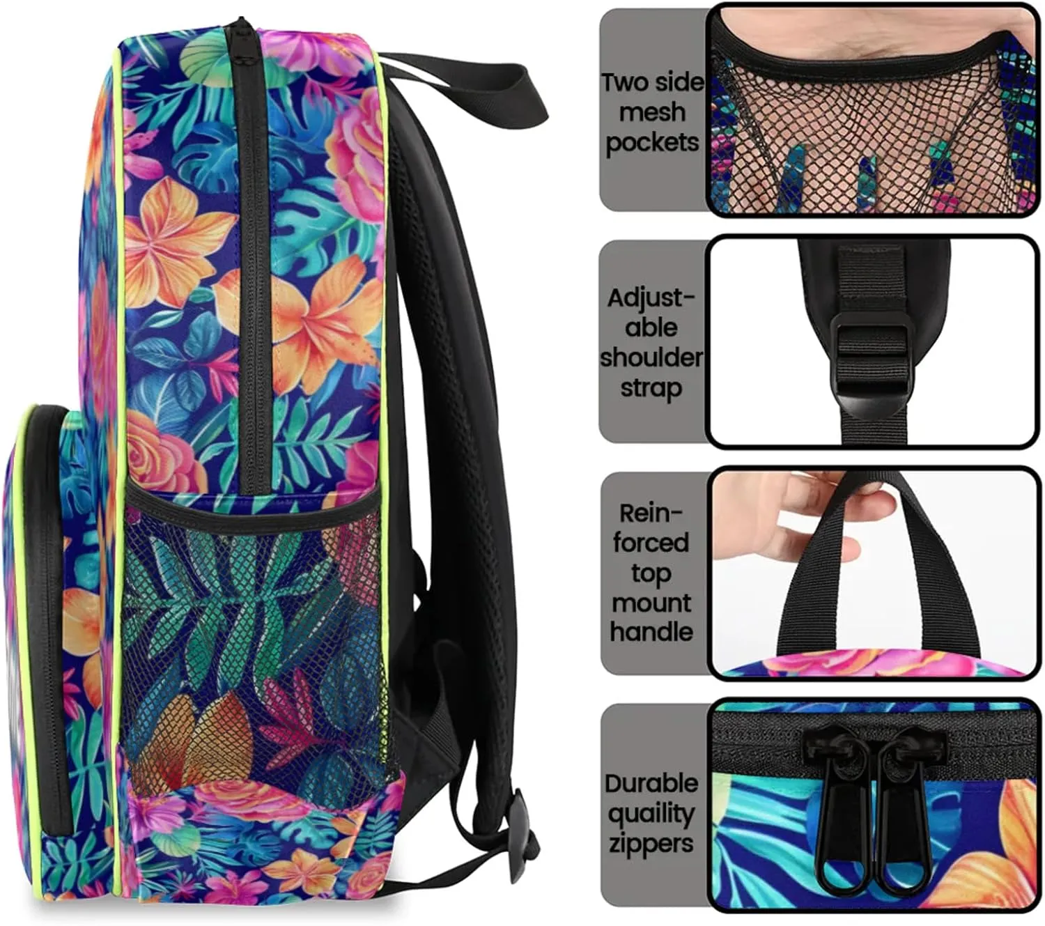Tropical Flower Palm Tree Leaf Custom Backpack with Name Cute Personalized Small Shoulder Bag Waterproof Travel Casual Backpack with Chest Strap 14.2in