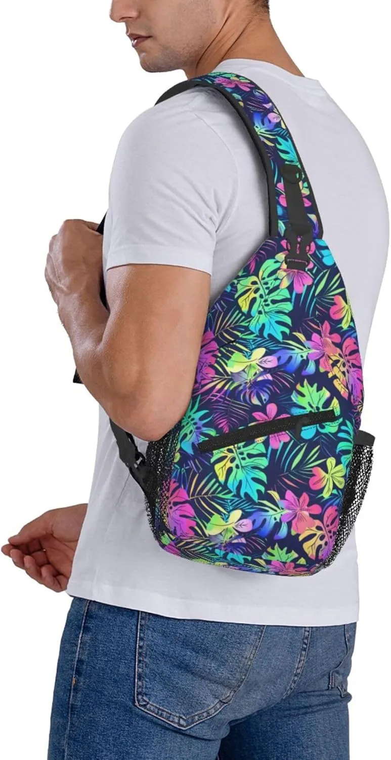 Tropical Hawaii Neon Palm Leav Crossbody bags for women Men Sling Bag Travel Chest Backpack Leisure Sports Outdoor Running Hiking