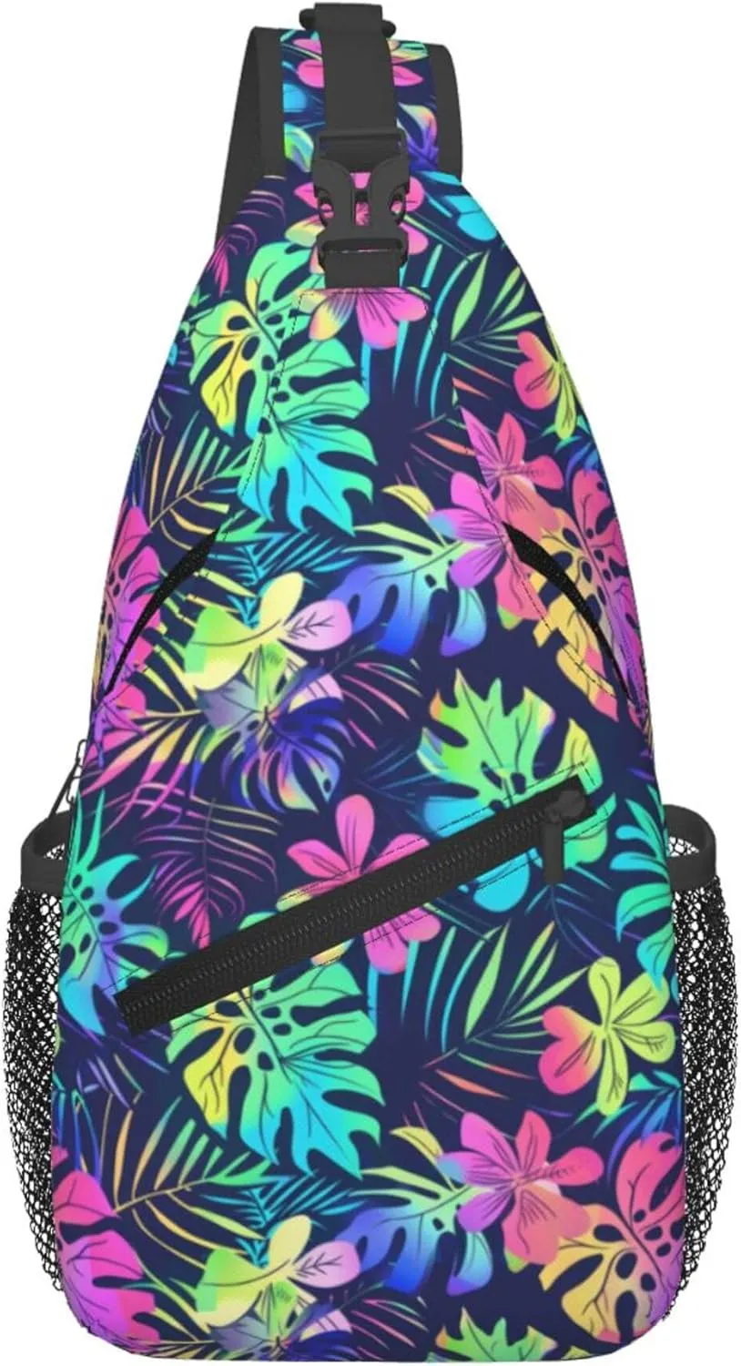 Tropical Hawaii Neon Palm Leav Crossbody bags for women Men Sling Bag Travel Chest Backpack Leisure Sports Outdoor Running Hiking