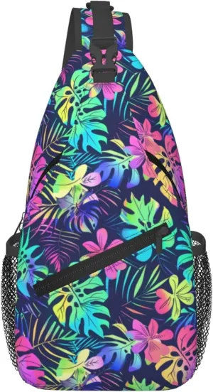 Tropical Hawaii Neon Palm Leav Crossbody bags for women Men Sling Bag Travel Chest Backpack Leisure Sports Outdoor Running Hiking
