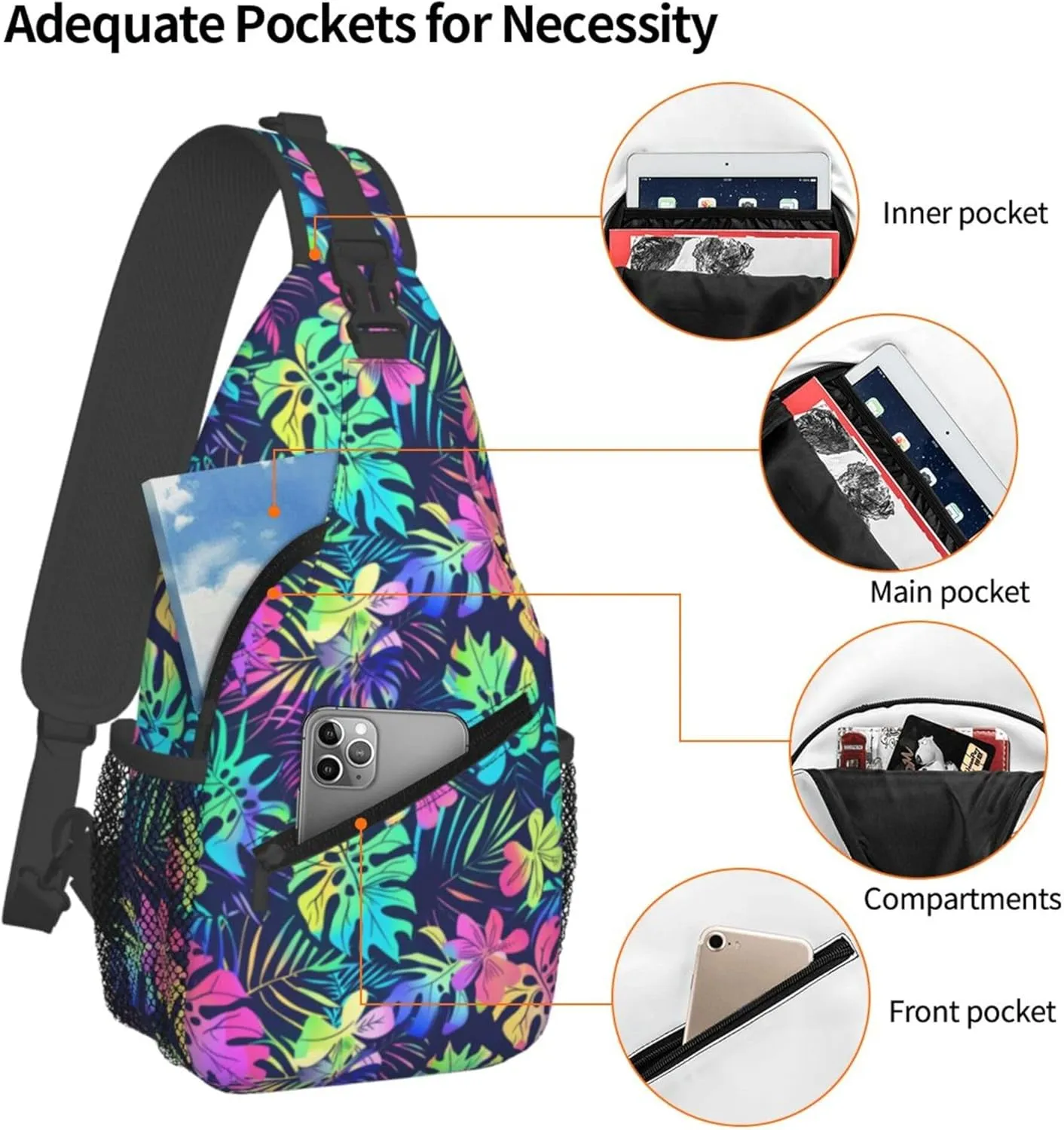 Tropical Hawaii Neon Palm Leav Crossbody bags for women Men Sling Bag Travel Chest Backpack Leisure Sports Outdoor Running Hiking