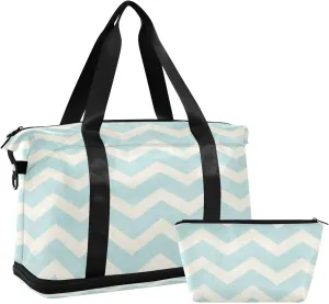 Turquoise Grey Chevron in Retro Vintage Style Foldable Travel Bag, Camping Luggage bag, Portable Gym Bag, Sports Bag, Toiletry Bag with Handles Adjustable Shoulder Strap