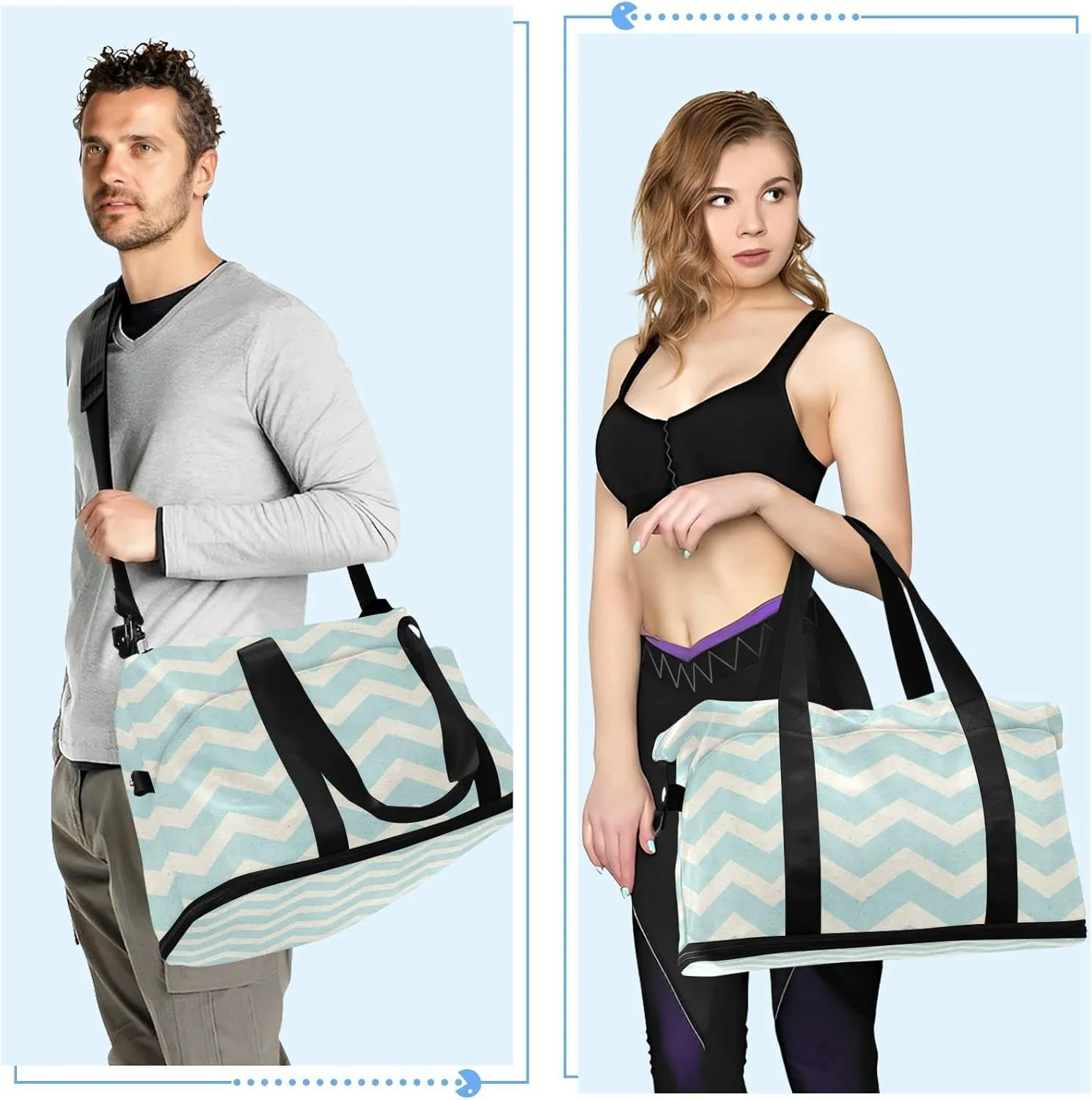 Turquoise Grey Chevron in Retro Vintage Style Foldable Travel Bag, Camping Luggage bag, Portable Gym Bag, Sports Bag, Toiletry Bag with Handles Adjustable Shoulder Strap