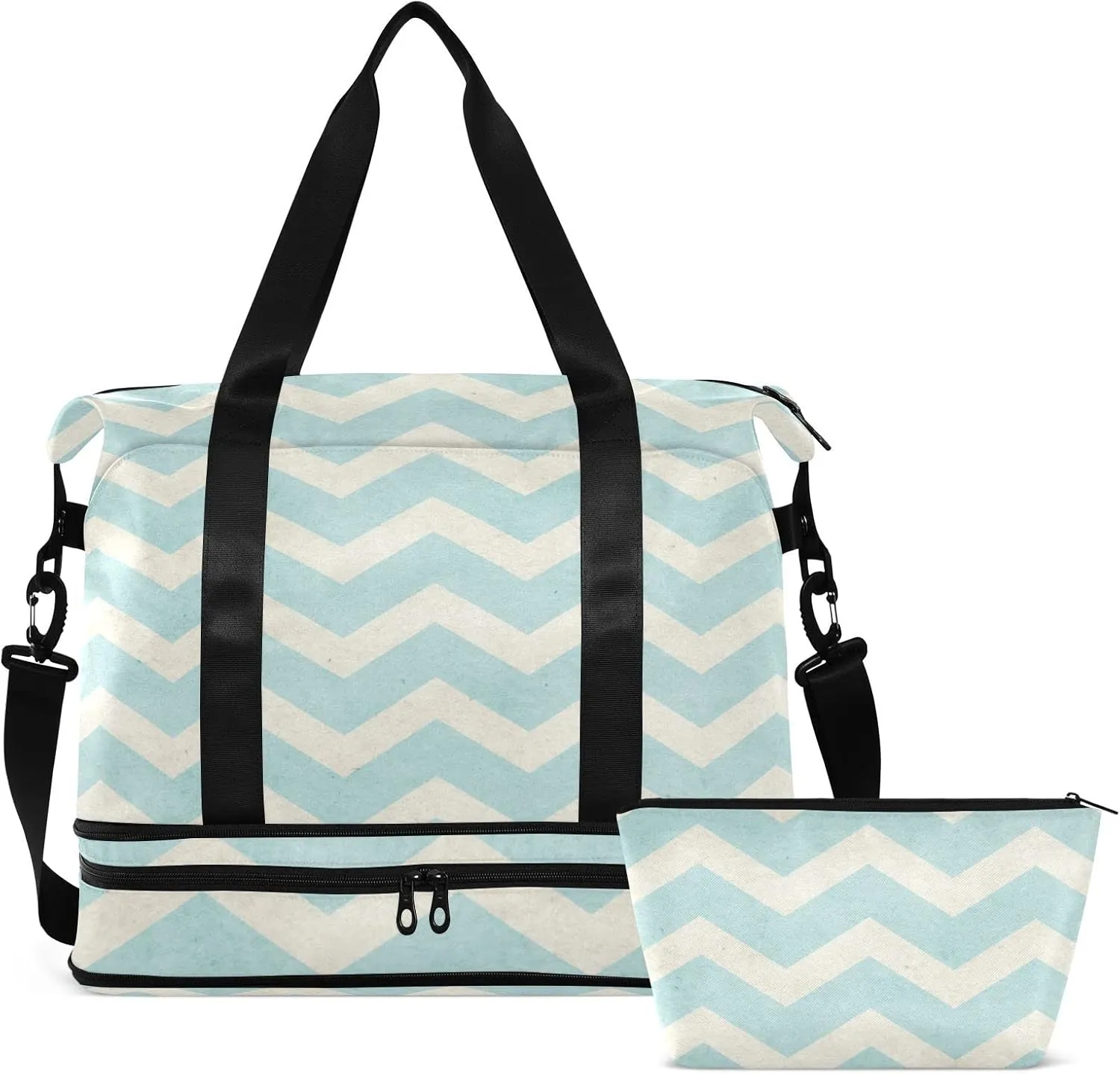Turquoise Grey Chevron in Retro Vintage Style Foldable Travel Bag, Camping Luggage bag, Portable Gym Bag, Sports Bag, Toiletry Bag with Handles Adjustable Shoulder Strap