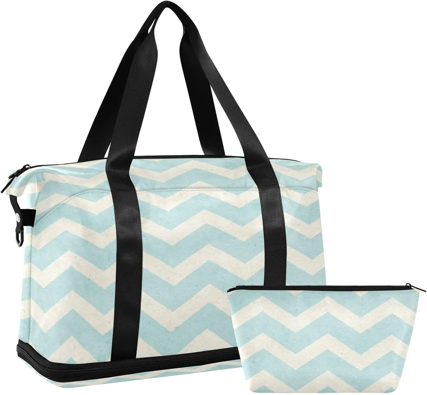 Turquoise Grey Chevron in Retro Vintage Style Foldable Travel Bag, Camping Luggage bag, Portable Gym Bag, Sports Bag, Toiletry Bag with Handles Adjustable Shoulder Strap