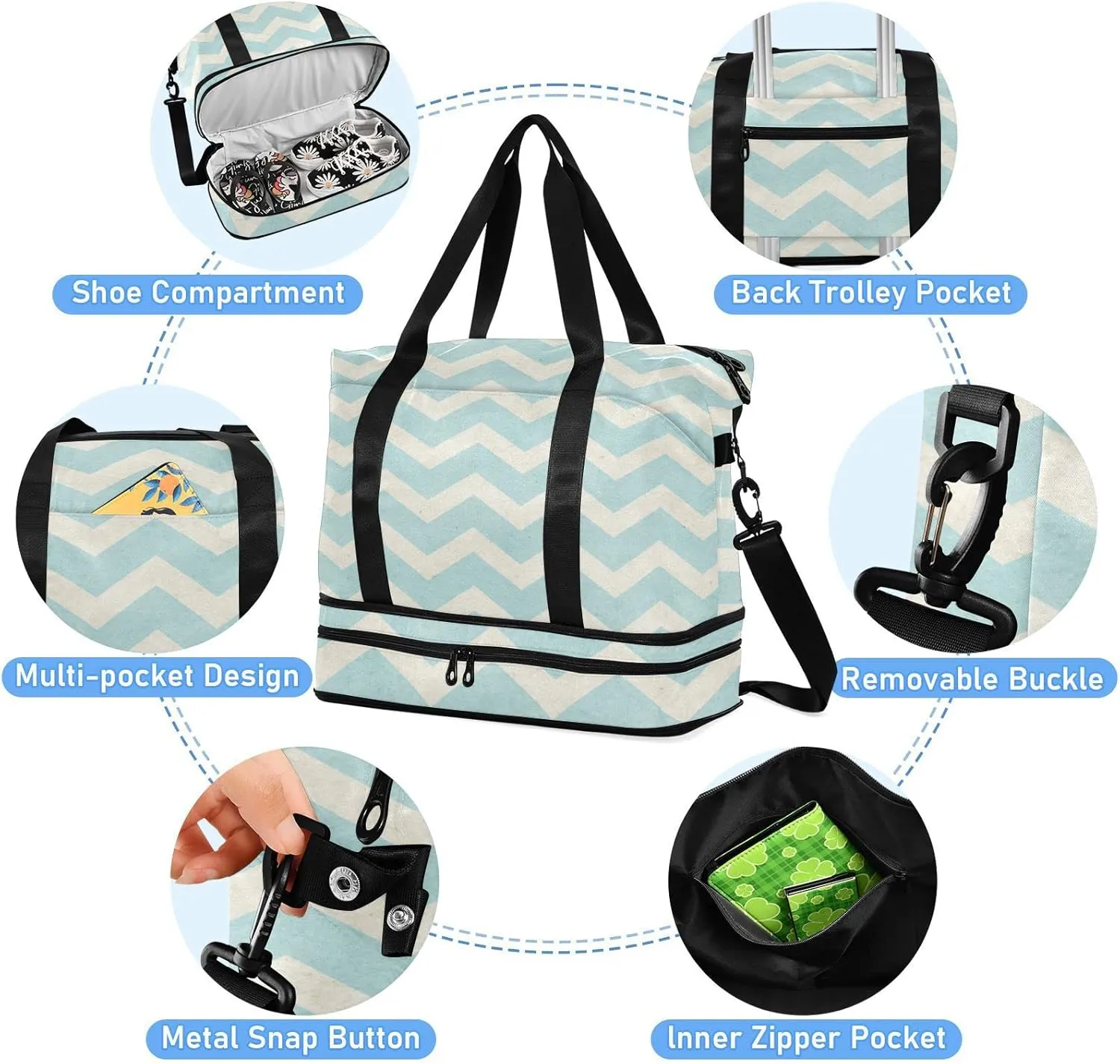Turquoise Grey Chevron in Retro Vintage Style Foldable Travel Bag, Camping Luggage bag, Portable Gym Bag, Sports Bag, Toiletry Bag with Handles Adjustable Shoulder Strap