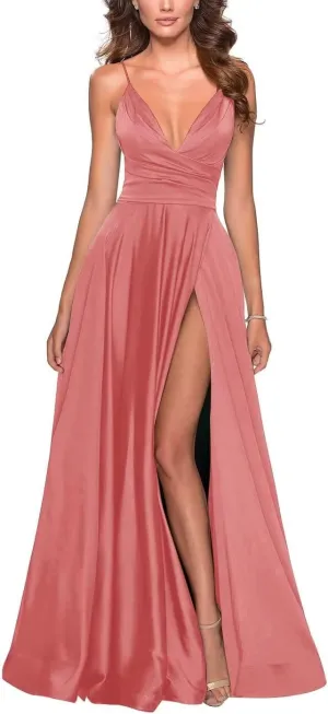 Tvuyet Elegant Long Prom Dress with Slit Pleated 2025 Satin Bridesmaid Dresses A Line Spaghetti Straps Evening Gowns