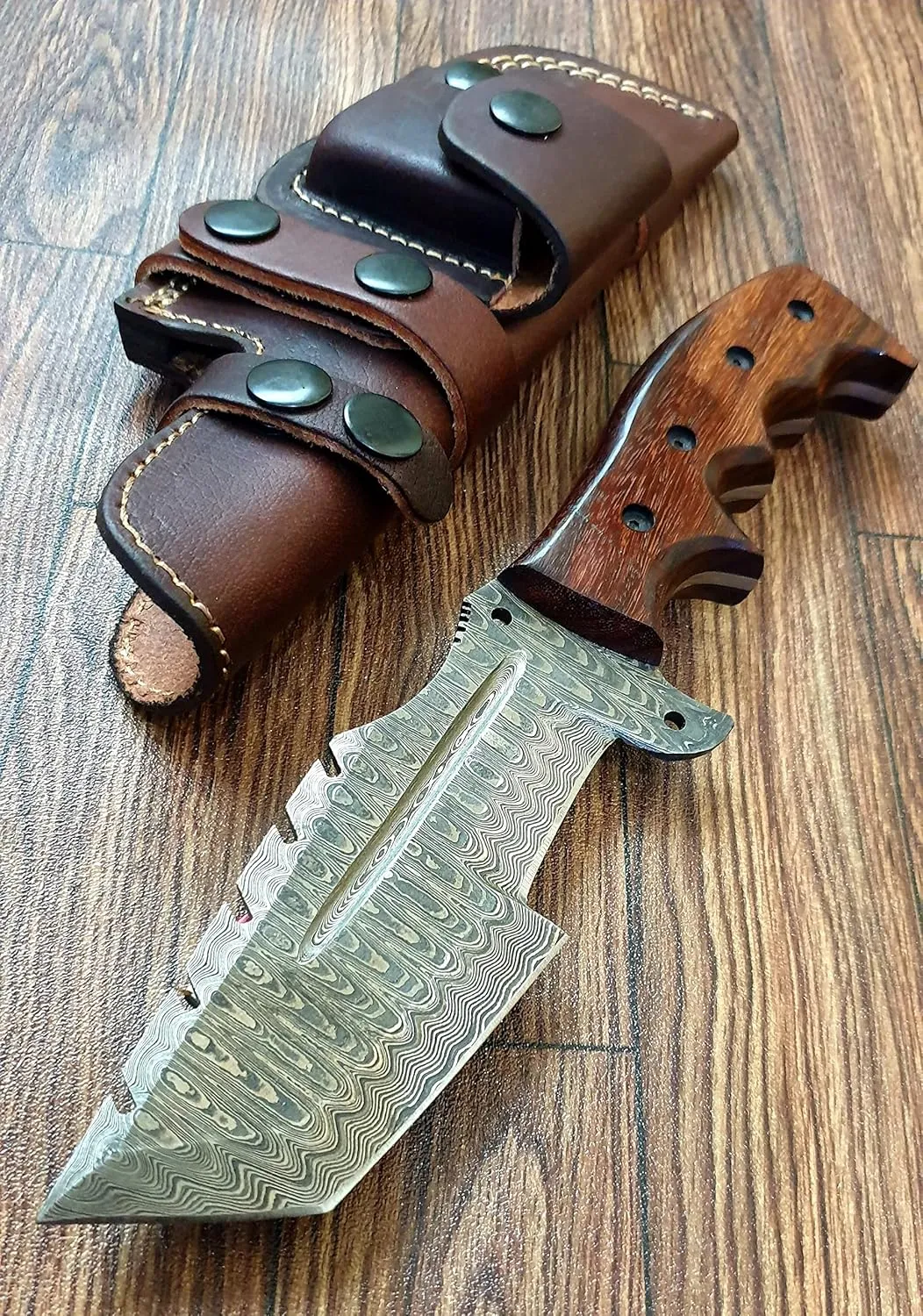 TZ 02 Handmade Damascus Steel Tracker knife 10 inches Hunting Perfect Grip With Balack Rose Wood Handle Horizontal Carry Scout Carry Handmade Survival knife