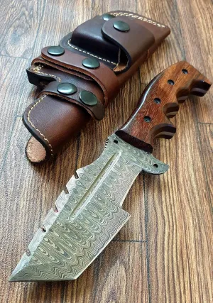 TZ 02 Handmade Damascus Steel Tracker knife 10 inches Hunting Perfect Grip With Balack Rose Wood Handle Horizontal Carry Scout Carry Handmade Survival knife