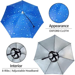 Umbrella Hat, 25 inch Small Hands Free Umbrella Cap for Adults & Kids, 7-Ribs UV Protection Waterproof Foldable Headwear for Gardening Camping Golf Sunshade Outdoor,(Water Drop Blue,2pcs)