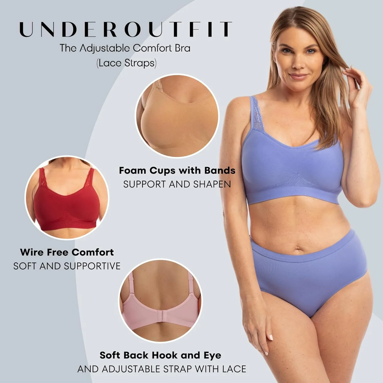 Underoutfit Comfort Shaping Bra - Wireless Everyday Bra with Adjustable Lace Straps
