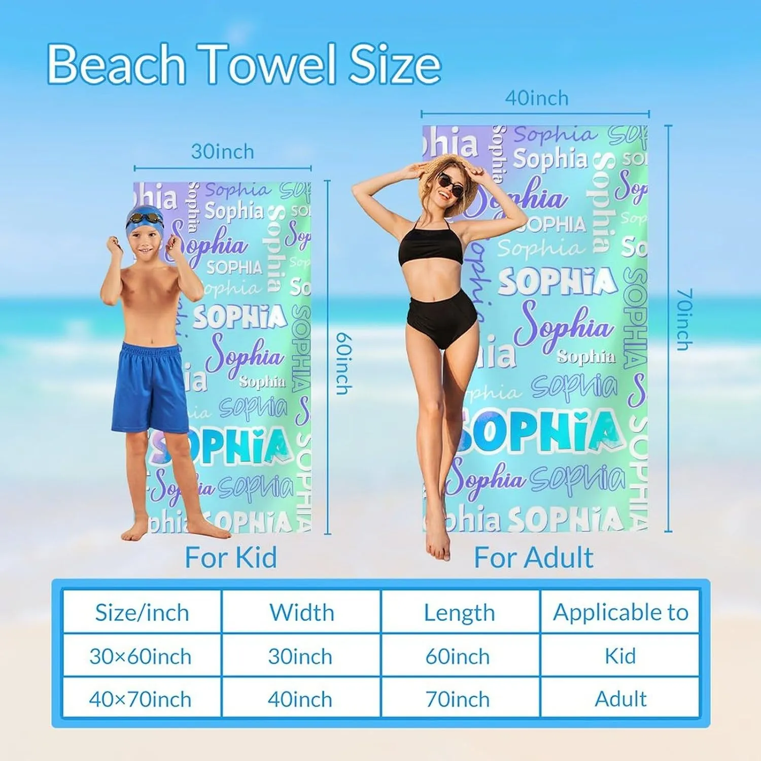 UNIKITTY Personalized Beach Towel with Name, Kids Bath Towel, Custom Beach Gifts for Girls Boys, 40"x70" Quick Dry Vacation Essentials for Pool Travel Swim