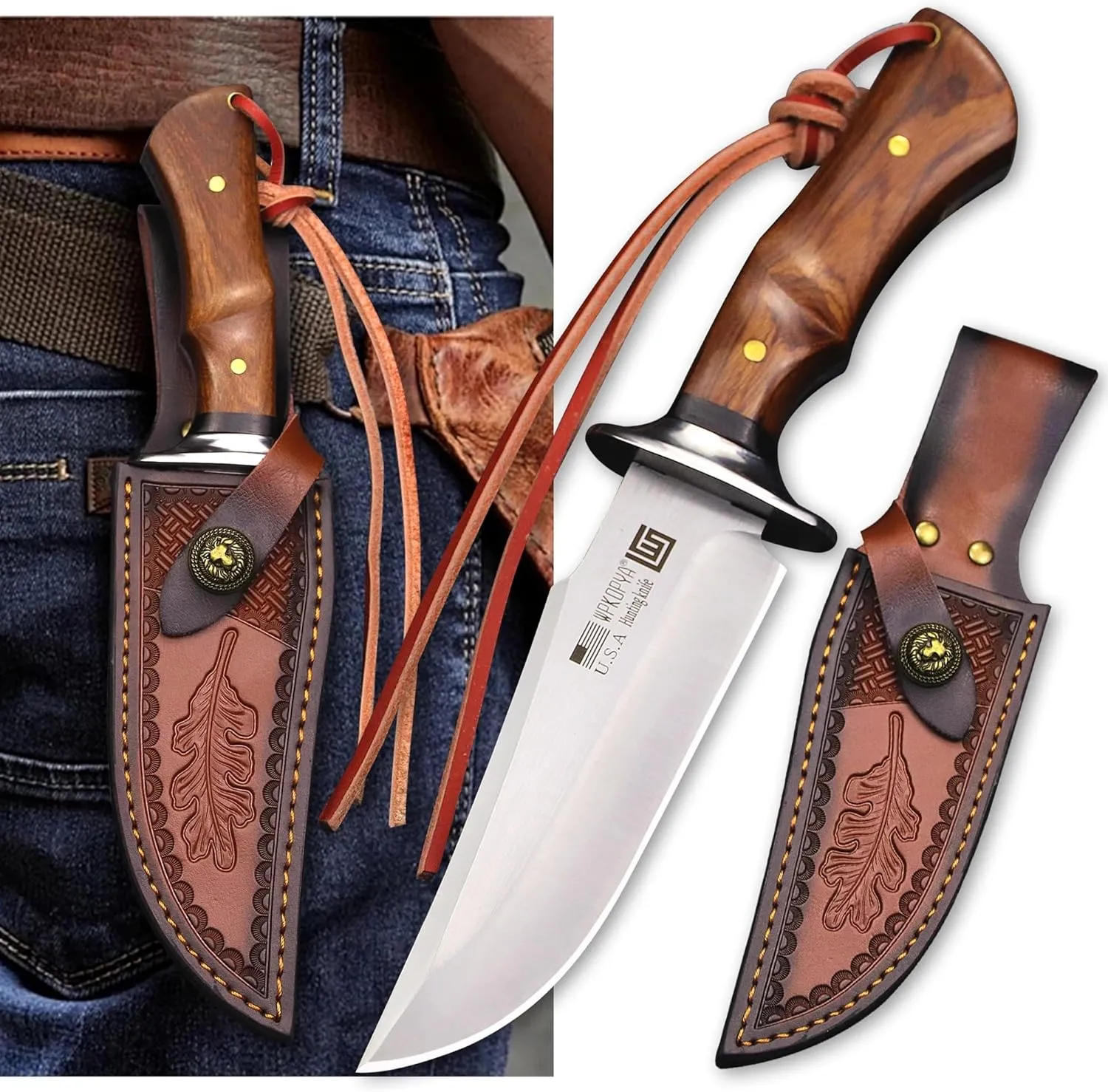 (USA 440C steel 10.5-inch hunting straight knife   leather sheath,suitable for outdoor travel, camping, survival, fishing, and Gifts for Men's and Women's Festivals