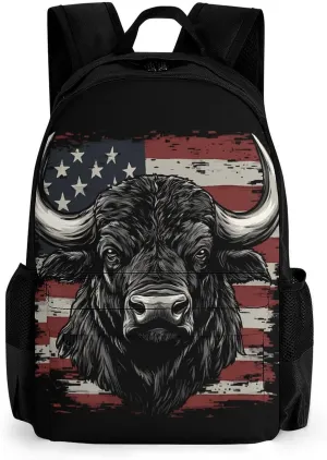 U.S.A Flag Buffalo Bison Bull Cow Fashion Backpack Light Weight Daily Travel Hiking Laptop Shoulder Bag