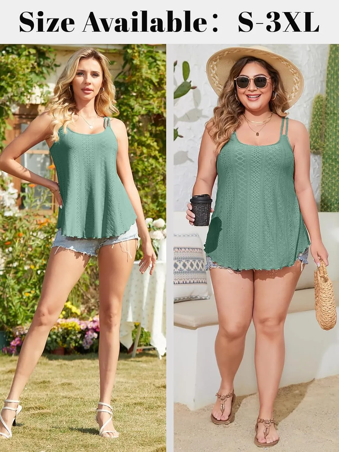 V FOR CITY Women's Tank Tops with Built-in Bra Flowy Eyelet Embroidery Camisole Adjustable Spaghetti Strap Camis Shirts