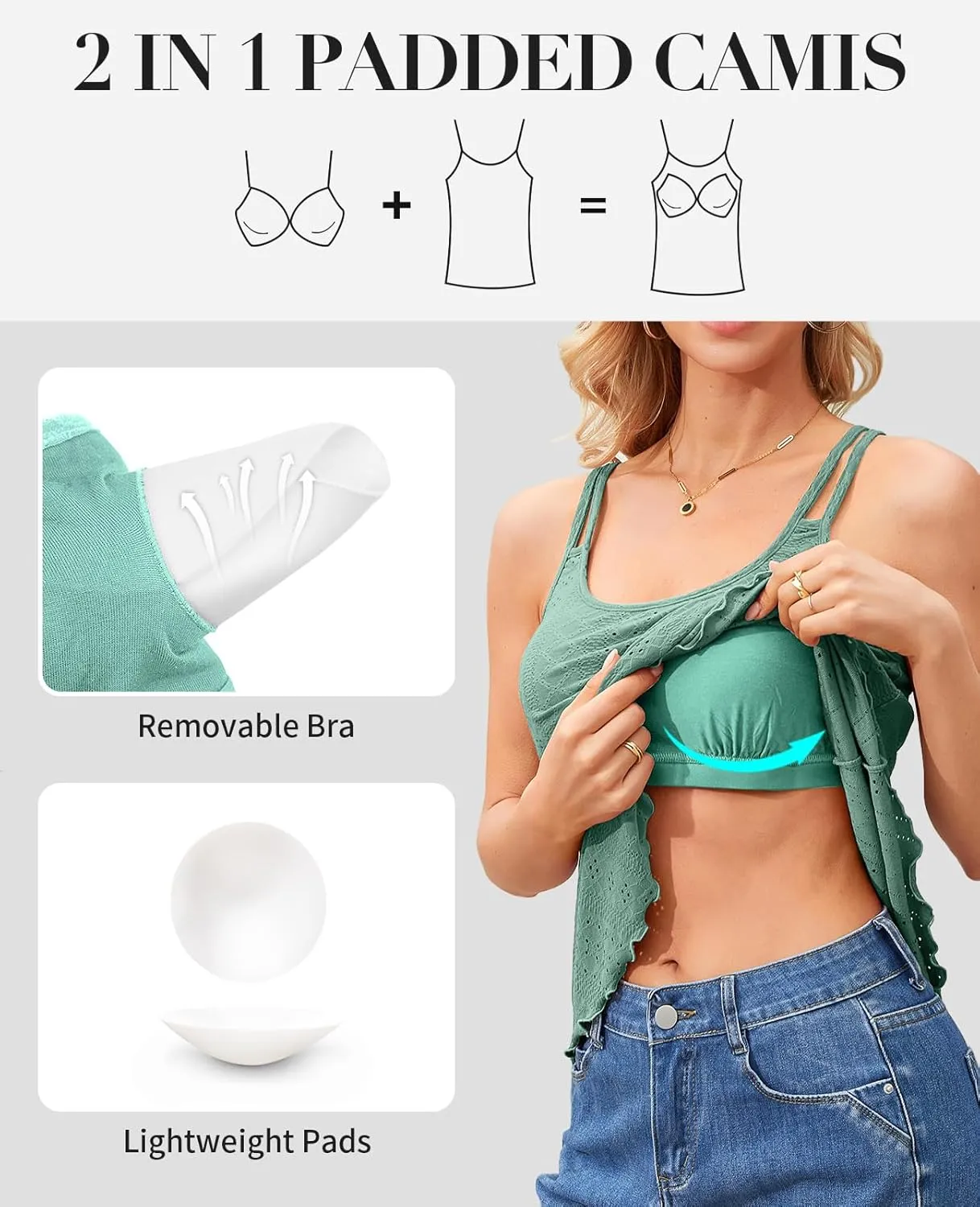 V FOR CITY Women's Tank Tops with Built-in Bra Flowy Eyelet Embroidery Camisole Adjustable Spaghetti Strap Camis Shirts
