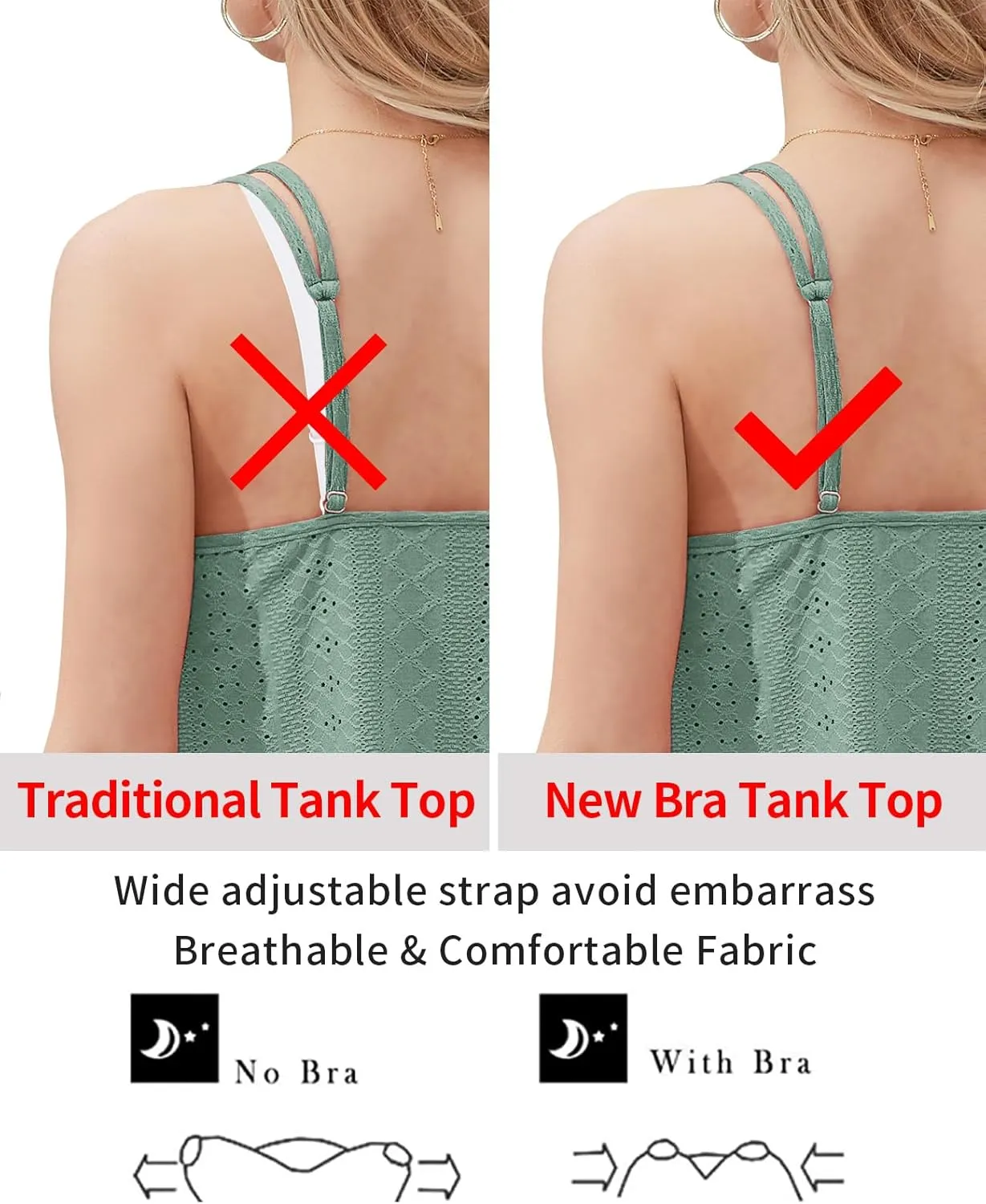 V FOR CITY Women's Tank Tops with Built-in Bra Flowy Eyelet Embroidery Camisole Adjustable Spaghetti Strap Camis Shirts