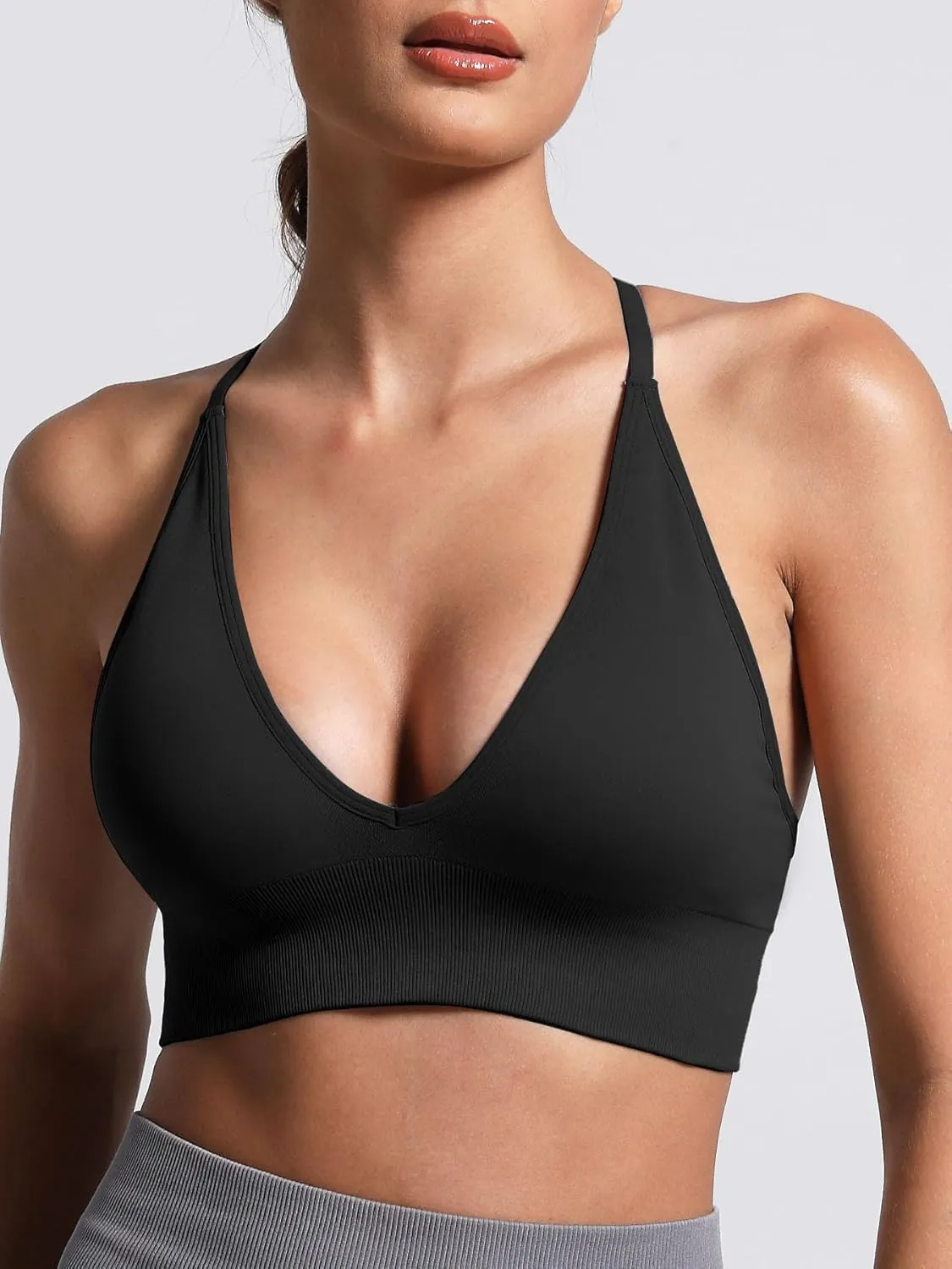 V Neck Adjustable Spaghetti Straps Sports Bra for Women, Padded Criss Cross Back Longline Yoga Bra Workout Crop Top Multipack