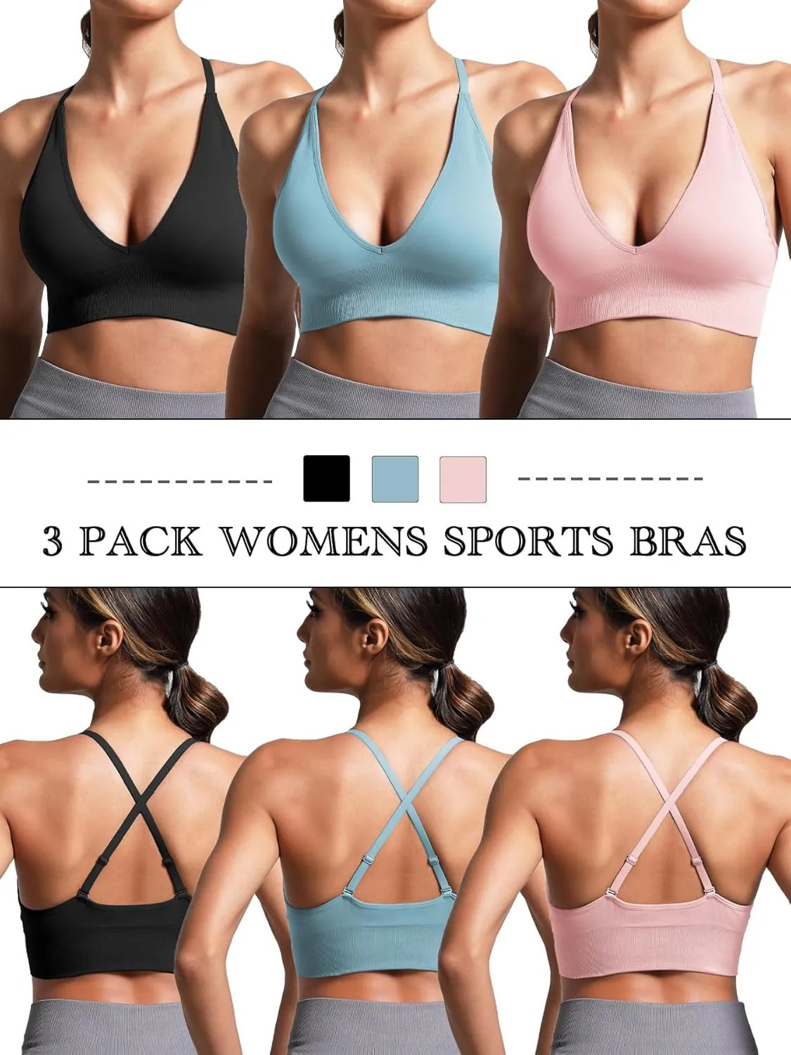 V Neck Adjustable Spaghetti Straps Sports Bra for Women, Padded Criss Cross Back Longline Yoga Bra Workout Crop Top Multipack