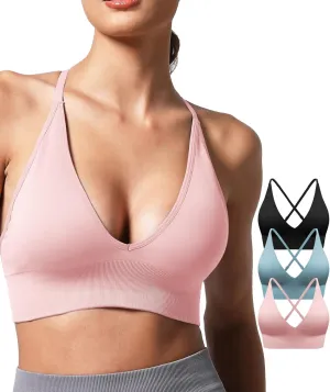 V Neck Adjustable Spaghetti Straps Sports Bra for Women, Padded Criss Cross Back Longline Yoga Bra Workout Crop Top Multipack
