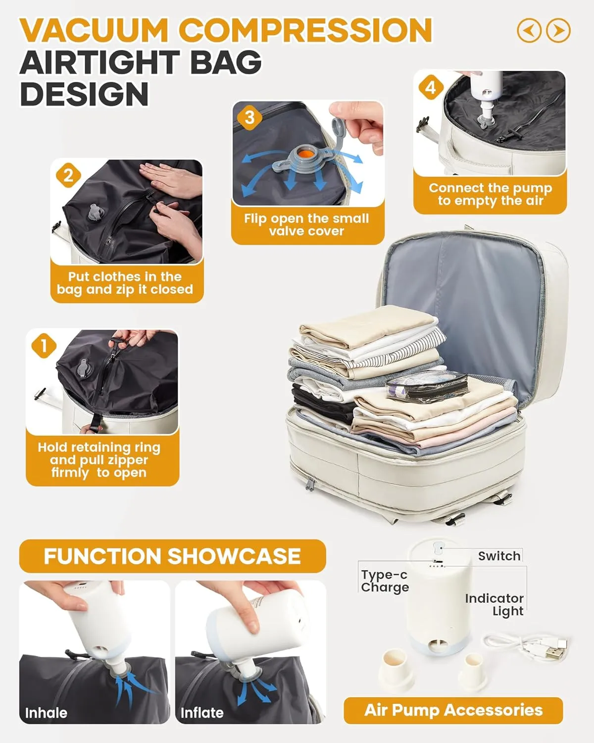 Vacuum Backpack Travel with Pump, Vacuum Seal Backpack, Airback Personal Item Bag Flight Approved, Expandable Airback Bags - Beige, 30L-50L