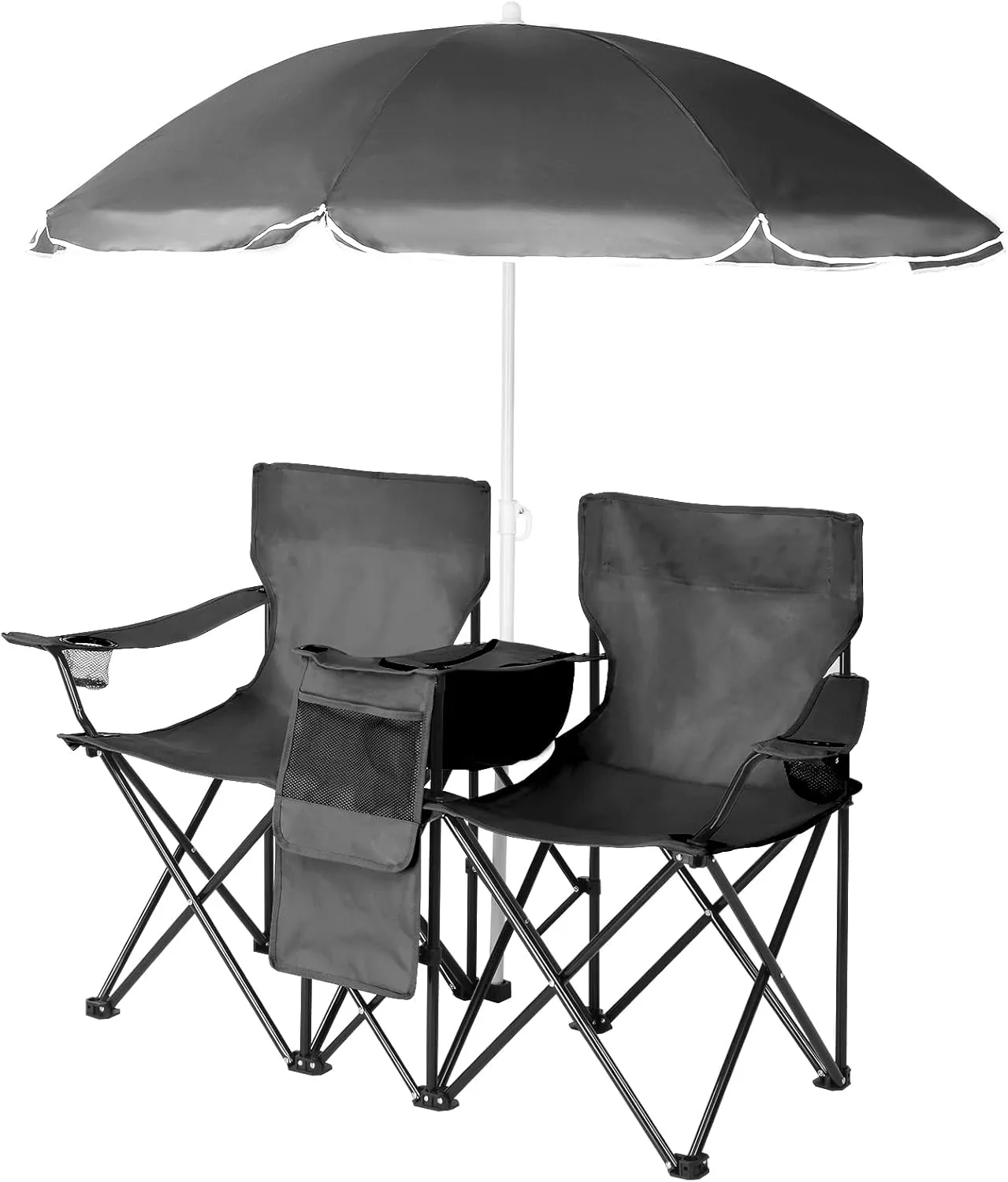 Vasitelan Double Camping Chair with Umbrella, Folding Loveseat Chairs w/Canopy Shade, Carrying Bag, Table, Cup Holder, Portable Beach Chairs Outdoor Picnic Patio (Black)