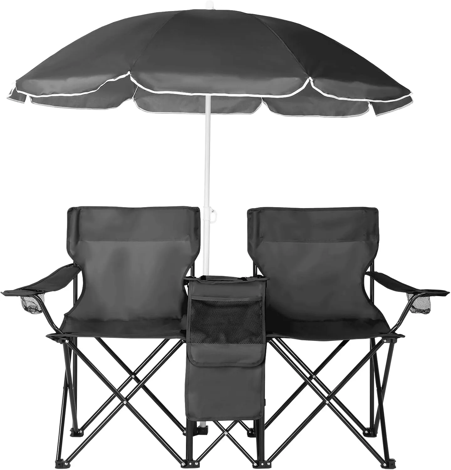 Vasitelan Double Camping Chair with Umbrella, Folding Loveseat Chairs w/Canopy Shade, Carrying Bag, Table, Cup Holder, Portable Beach Chairs Outdoor Picnic Patio (Black)