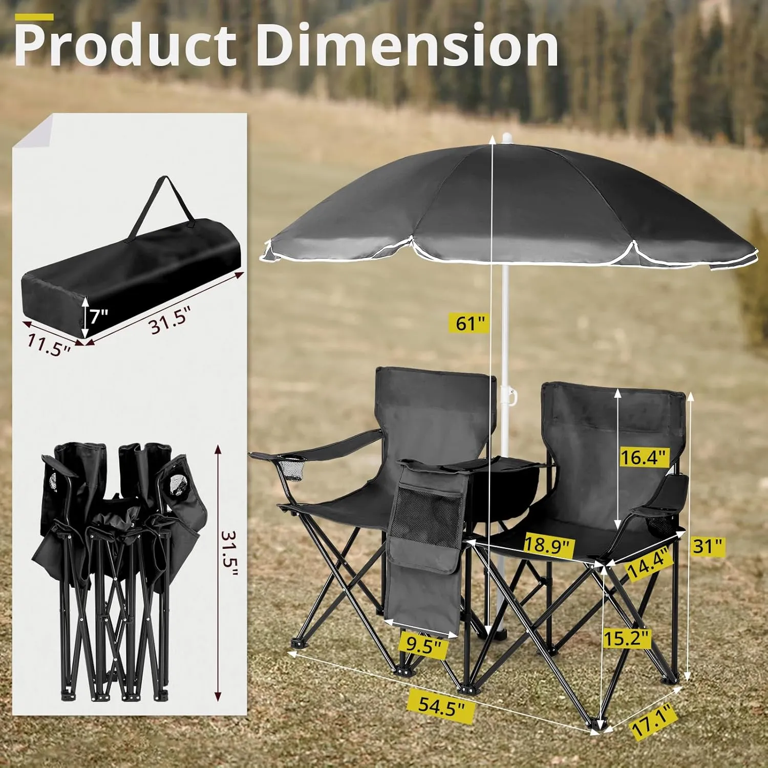 Vasitelan Double Camping Chair with Umbrella, Folding Loveseat Chairs w/Canopy Shade, Carrying Bag, Table, Cup Holder, Portable Beach Chairs Outdoor Picnic Patio (Black)