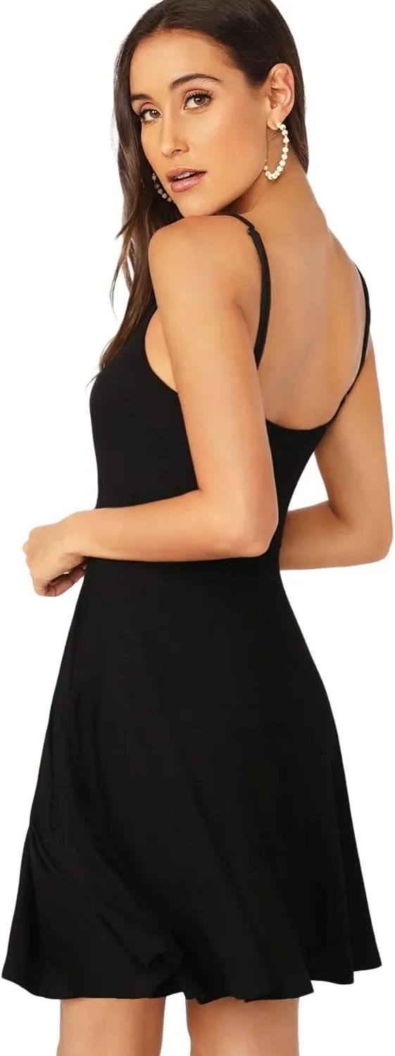 Verdusa Women's Adjustable Spaghetti Straps V Neck Flared Cami Slip Dress