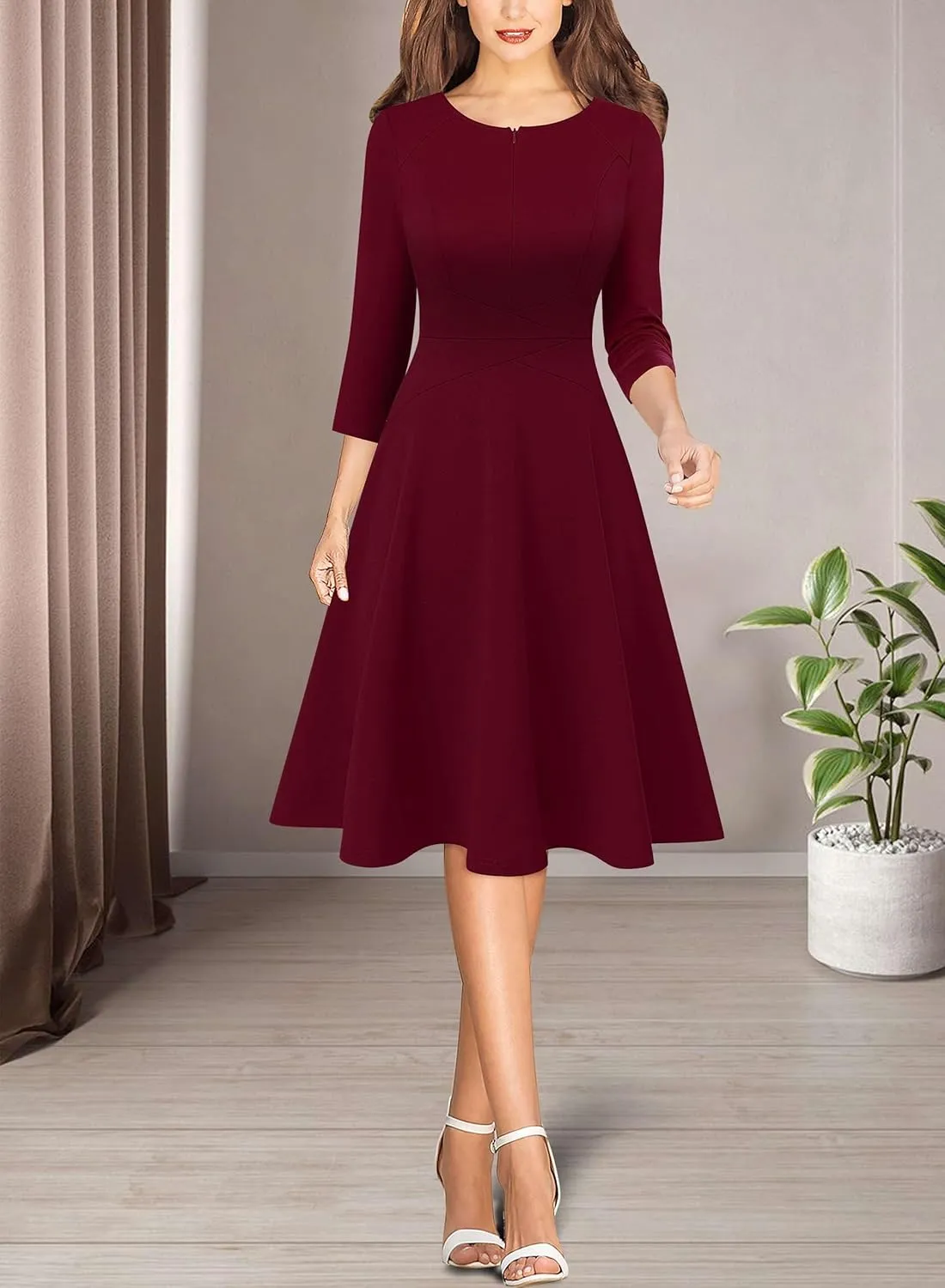 VFSHOW Womens Front Zipper Crisscross Waist Slim Wear to Work Business Office Fit and Flare A-Line Dress