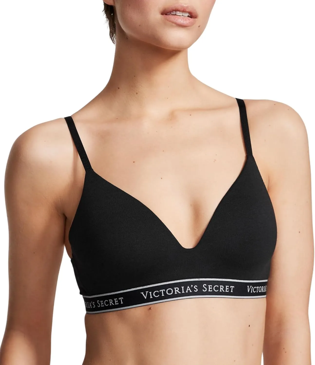 Victoria's Secret Lightly Lined Wireless T Shirt Bra, Smoothing, Adjustable Straps, Bras for Women, Black VS Logo (38DD)