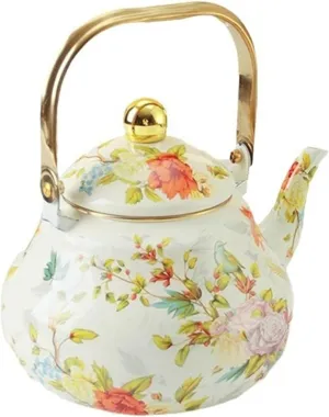 Vintage Floral Enamel Camp Kettle, Portable Outdoor Water Boiler with Foldable Handle for Travel(1.5L)