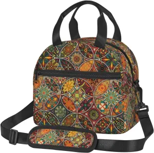 Vintage Mandala Elements Lunch Bag with Adjustable Shoulder Strap for Women Men Reusable Lunch Box Leakproof Tote Bags Insulated Cooler for Work Travel Outdoor(9 x 5 x 7.8 Inches)